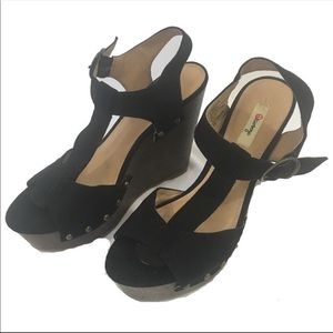 Olsenboye black suede studded wedge shoes, size 8.